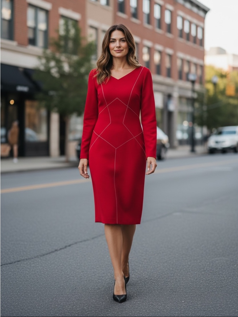 Gai Mattiolo Red Long-Sleeve Sheath Dress with Crystal Detail